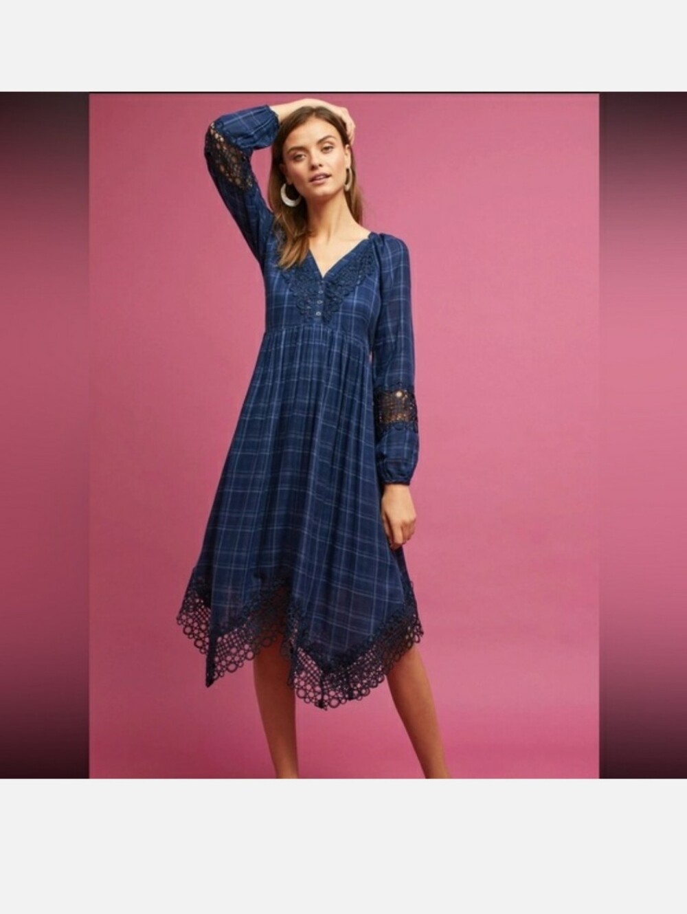 AKEMI & KIN ANTHROPOLOGIE Navy Plaid Kerchief Hem Dress 2 READ DESCRIPTION